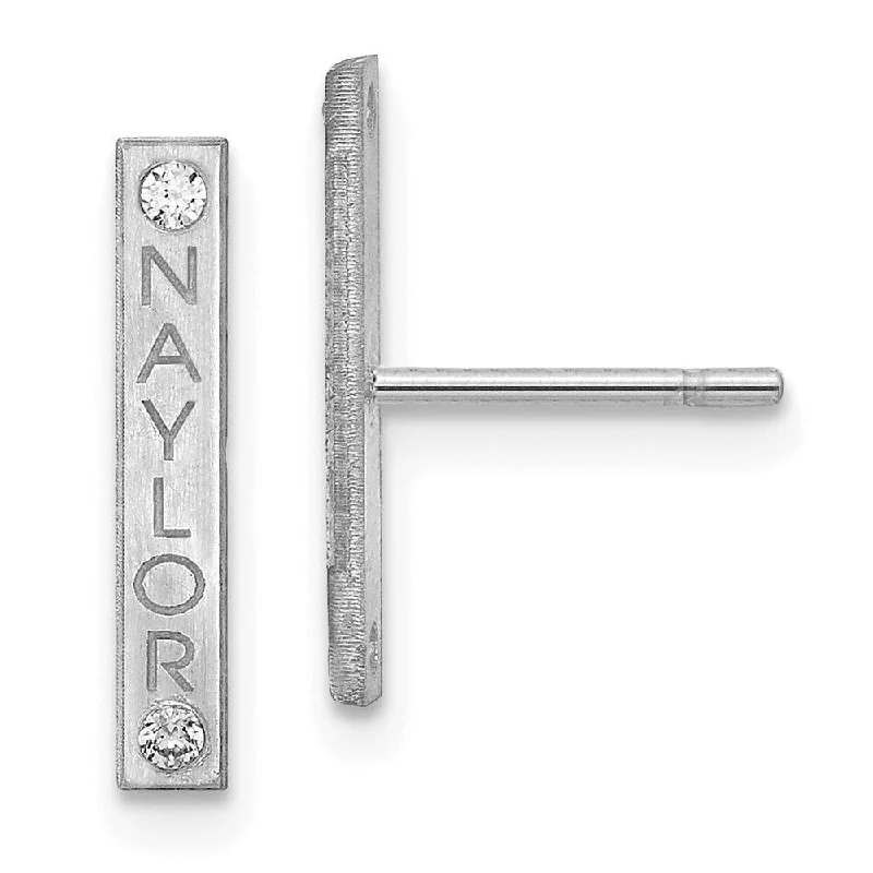 10K White Gold Brushed Personalized Bar with Diamond Earrings