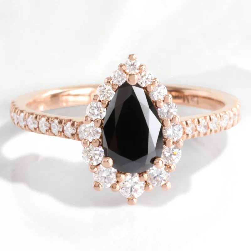 Pear Black Diamond Engagement Ring in Tiara Halo Diamond Pave Band