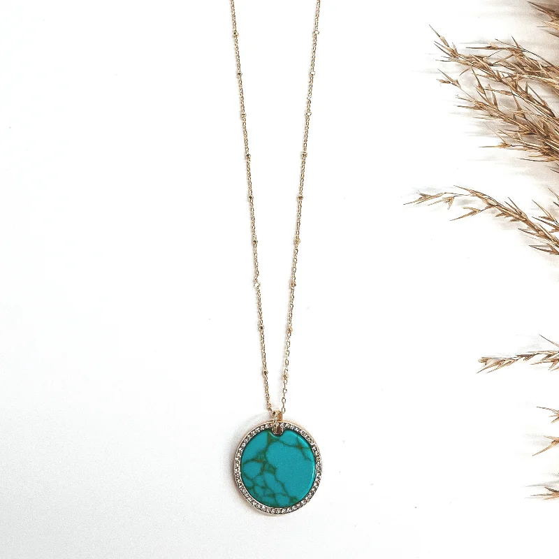 Gold Chain Necklace and Semi-Precious Circle Stone Pendant in Turquoise with CZ Crystals