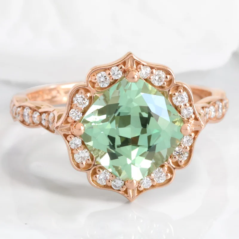 Large Cushion Green Sapphire Ring in Vintage Floral Diamond Band