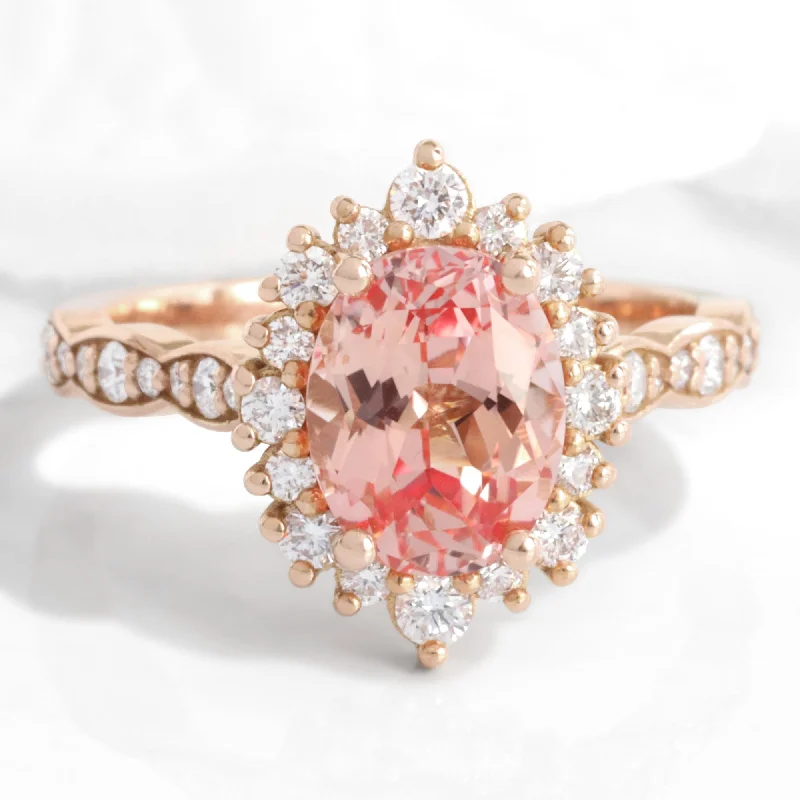 Large Oval Peach Sapphire Ring in Tiara Halo Diamond Scalloped Band