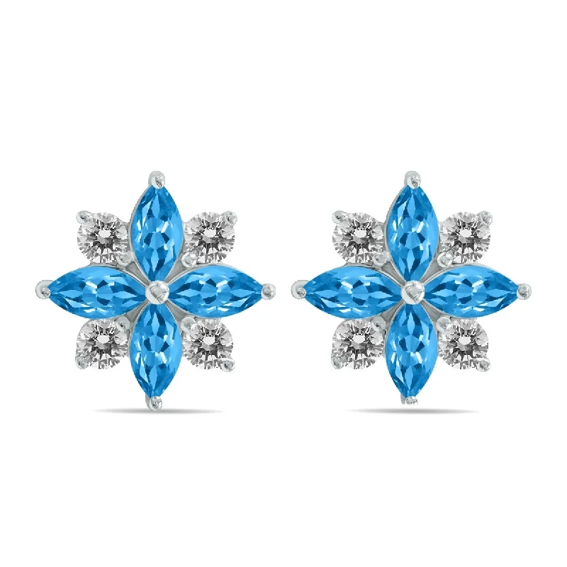 Marquee 1 Carat TW Blue Topaz and Diamond Flower Earrings in 10K White Gold