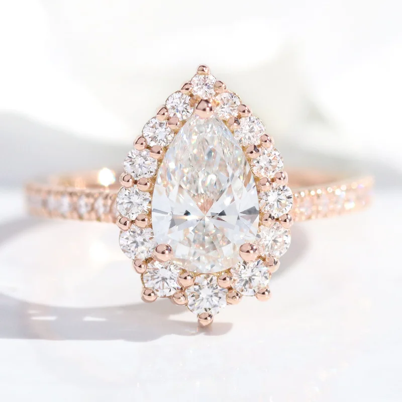 Pear Lab Diamond Ring Pave Band w/ Natural Diamonds in Tiara Halo Ring