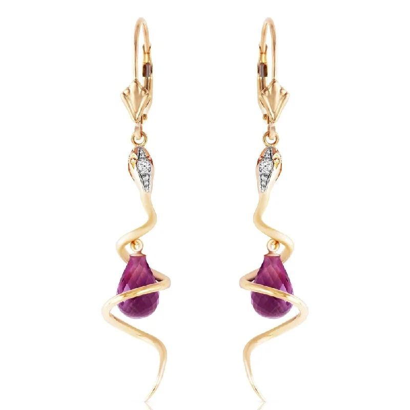 14K Solid Gold Snake Earrings with Dangling Briolette Amethysts & Diamonds