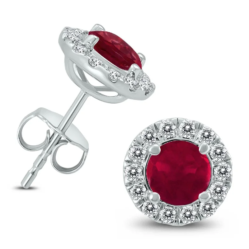 Marquee Genuine 1 3/4 Carat TW Ruby And Diamond Halo Earrings in 14K White Gold