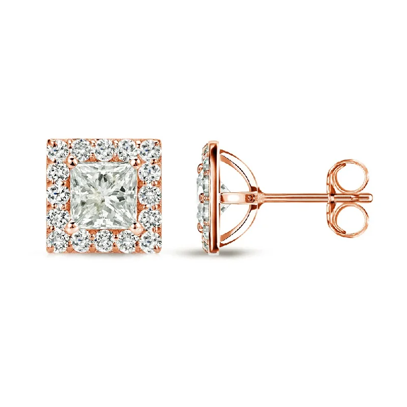 Auriya 14k Rose Gold 3/4ct TDW Princess-Cut Diamond Halo Stud Earrings (I-J, I1-I2)