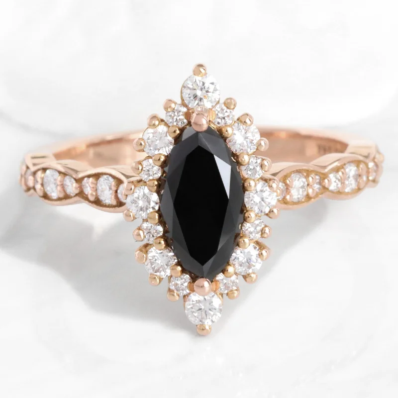 Marquise Black Diamond Ring in Tiara Halo Scalloped Band