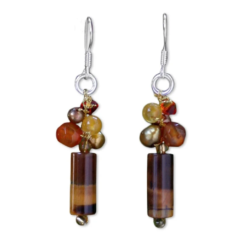 Handmade Pearl and Tiger's Eye Insightful Dangle Earrings (Thailand) - 1.8*0.4