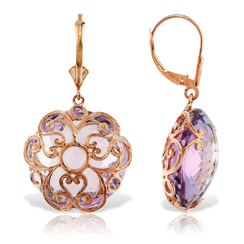 14K Solid Rose Gold Leverback Earrings with Checkerboard Cut Round Amethysts