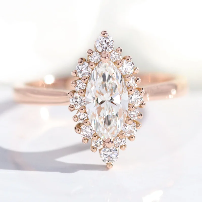 Marquise Cut Lab Diamond Ring w/ Natural Diamonds in Tiara Halo Ring