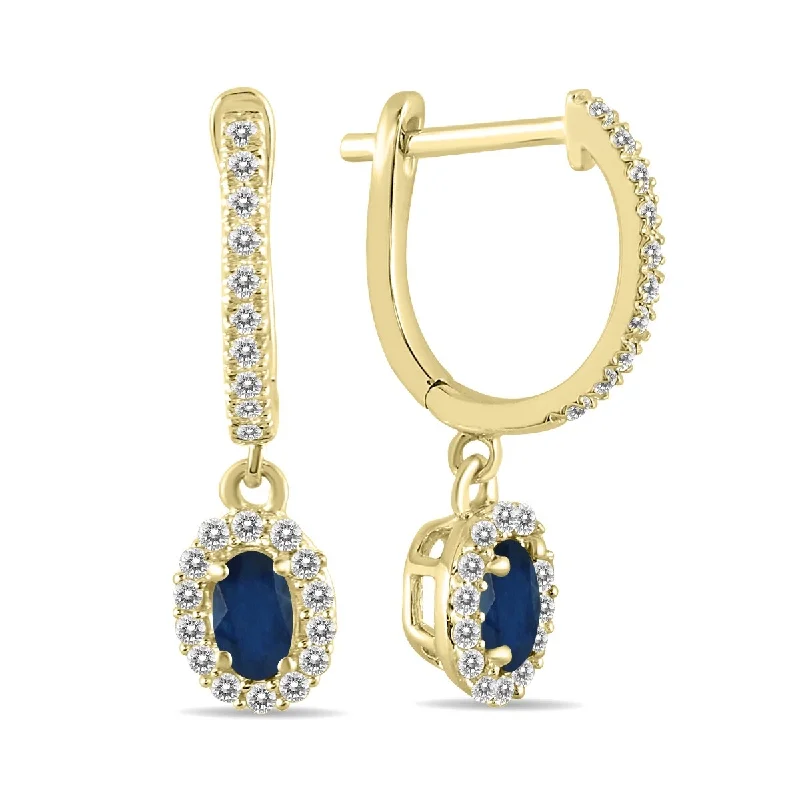 Marquee 1/2 Carat Oval Sapphire and Diamond Halo Dangle Earrings in 10K Yellow Gold