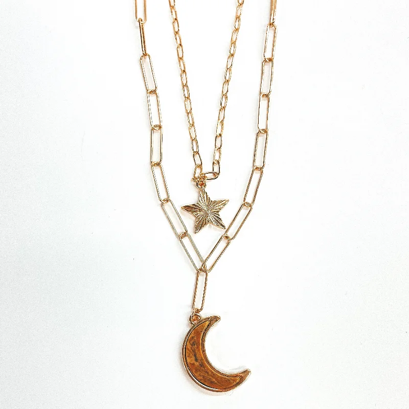 Double Layered Gold Paperclip Chain with Gold Star and Moon in Semi Precious Stone Pendant in Tan