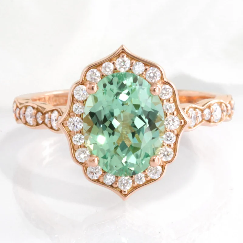 Large Oval Green Sapphire Ring in Vintage Floral Diamond Band