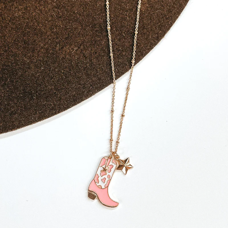 Kick Your Boots Up Gold Necklace with Cow Print Boot Pendant in White and Pink