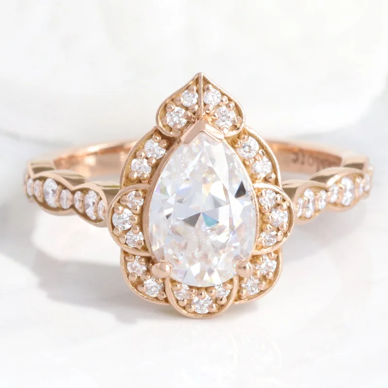 Large Pear Moissanite Engagement Ring in Vintage Floral Diamond Band