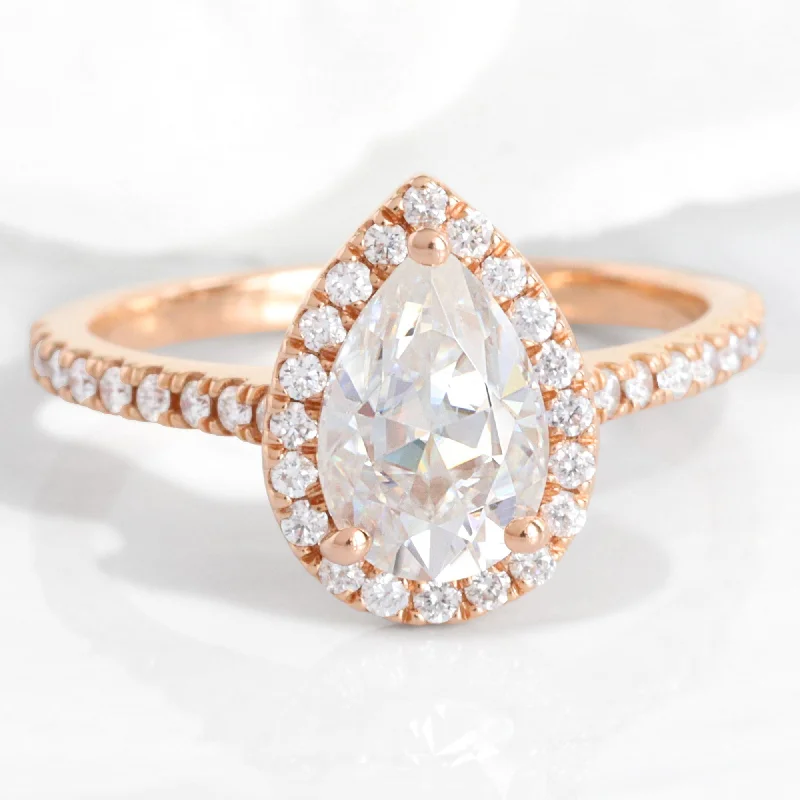 Pear Moissanite Engagement Ring in Luna Halo Diamond Pave Band