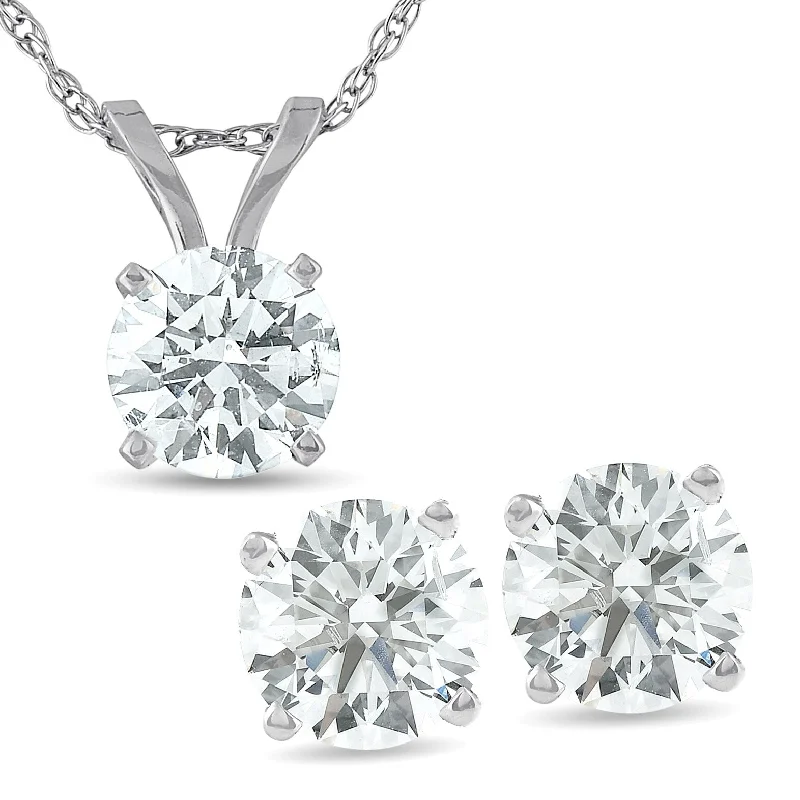 Diamond Solitaire Necklace & Studs Earrings Set 5/8 Carat tw White Gold