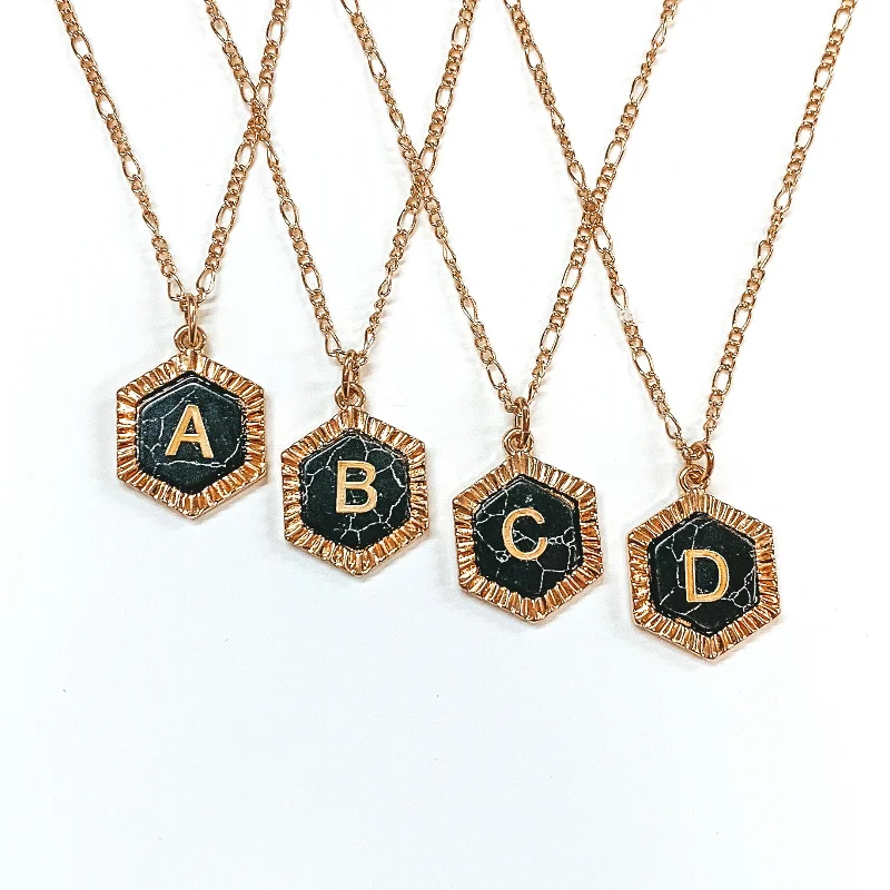 Gold Figaro Chain Necklace with Hexagon Initial Pendant in Black