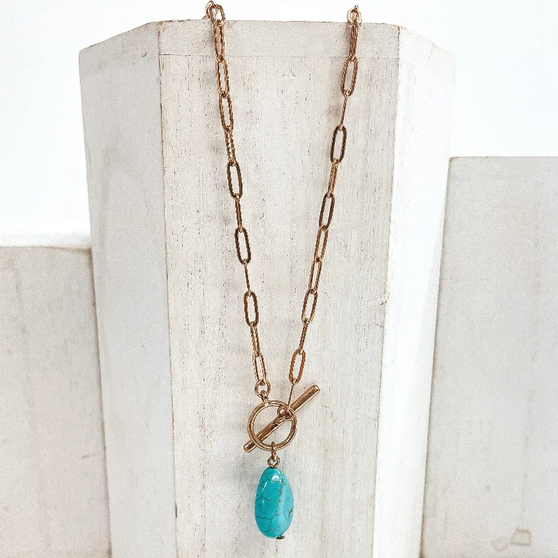 Clean Mind Gold Paperclip Chain with Teardrop Stone Pendant in Turquoise