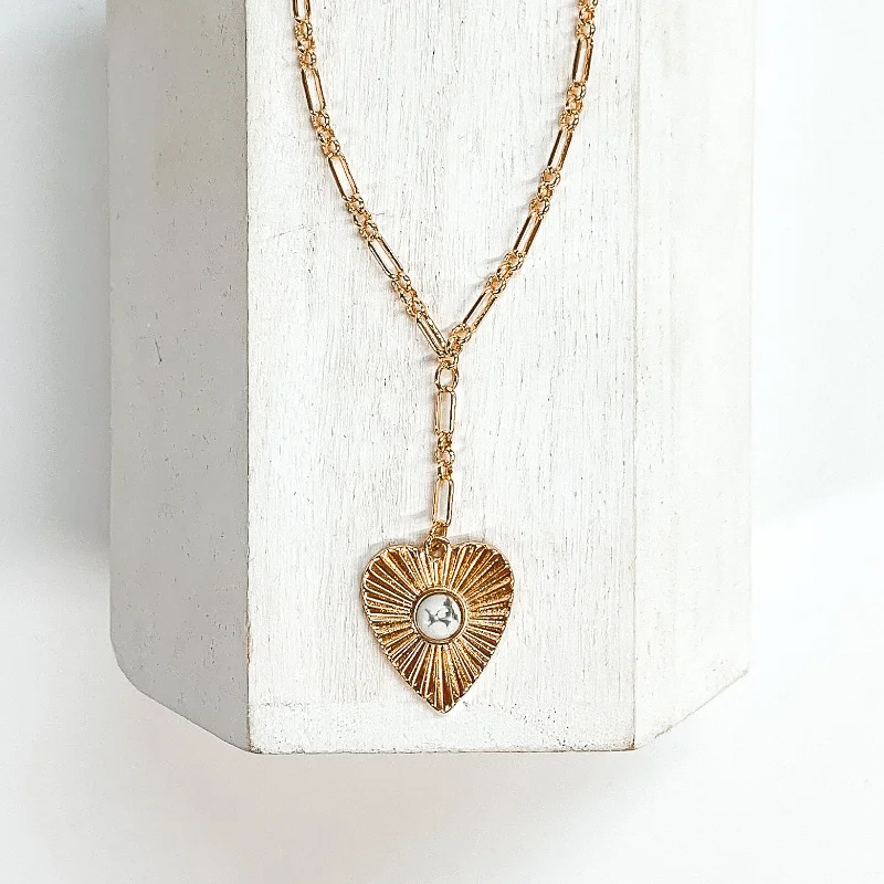 Worth Staying Gold Necklace with Sunburst Heart Pendant and Small Stone in White