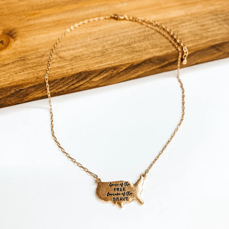 Home of the Free Because of the Brave Gold Necklace with USA Pendant