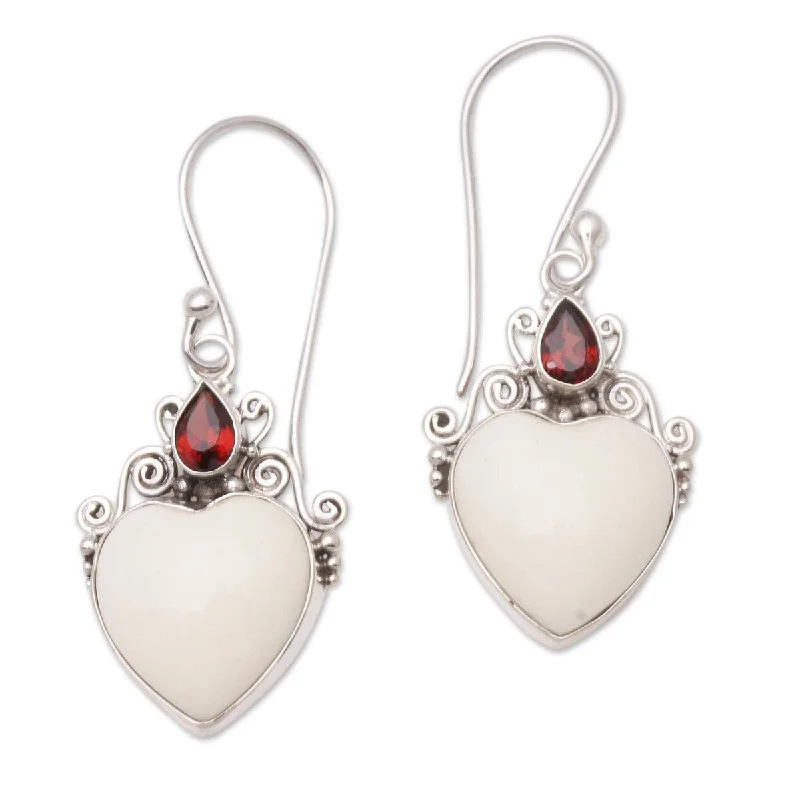 NOVICA Heart Passion, Garnet and bone dangle earrings - 1.7*0.7