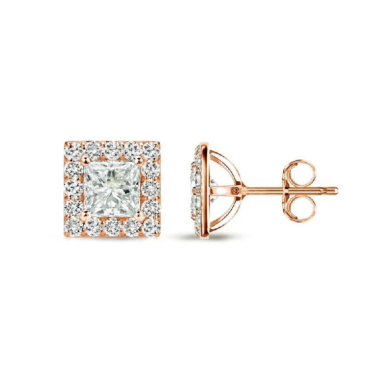 Auriya 14k Rose Gold 1/2ct TDW Princess-Cut Square Halo Diamond Stud Earrings