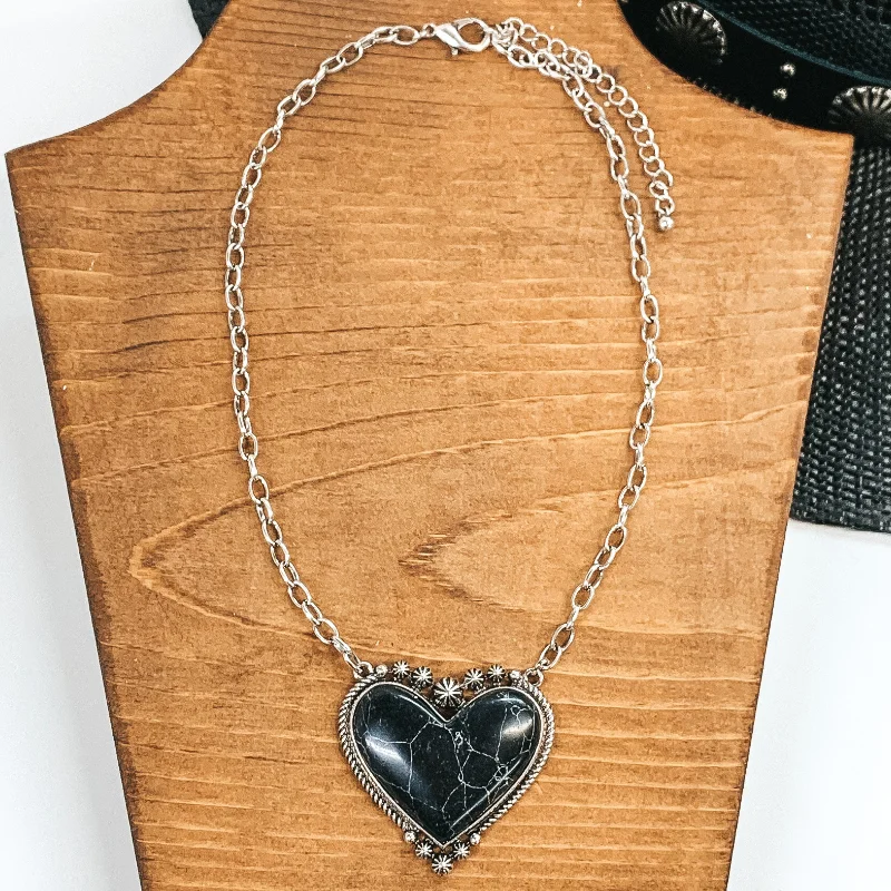 Silver Chain Necklace with Stone Heart Pendant in Black