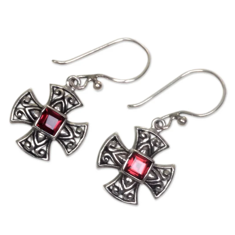 Handmade Maltese Cross Sterling Silver Garnet Earrings (Indonesia)