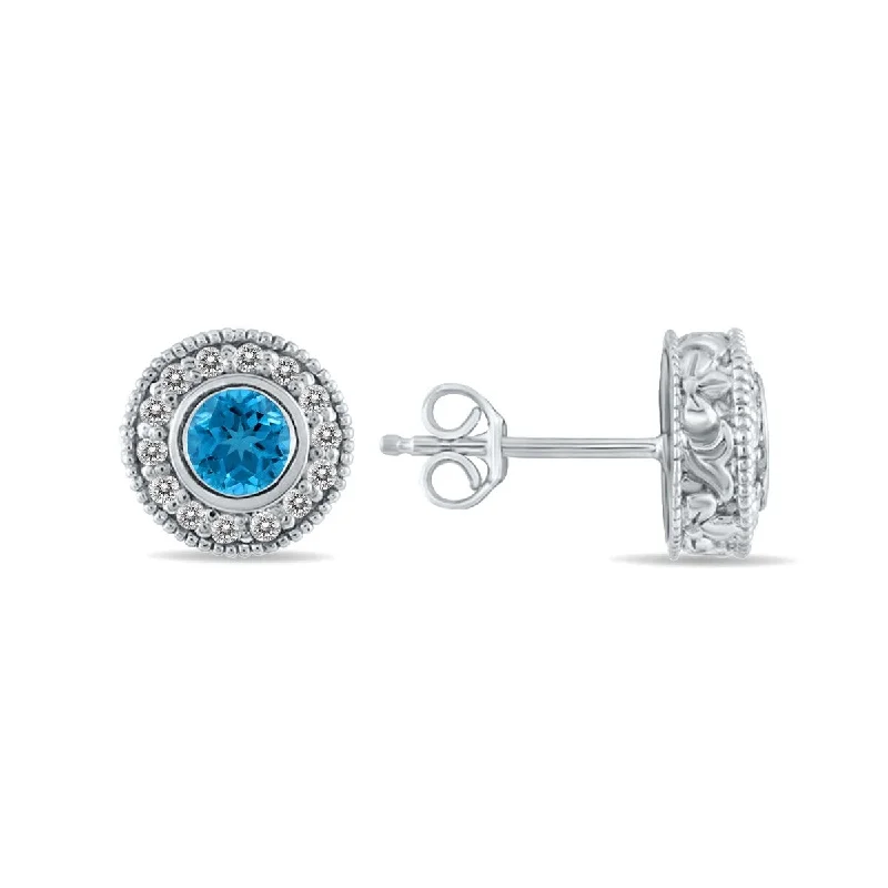 Marquee 1/2 Carat TW Blue Topaz and Diamond Bezel Set Earrings 10K White Gold