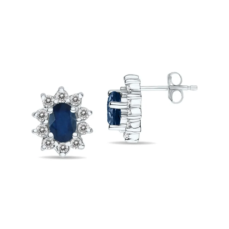 Marquee Oval Shape Sapphire and Diamond Flower Earrings in 14K White Gold