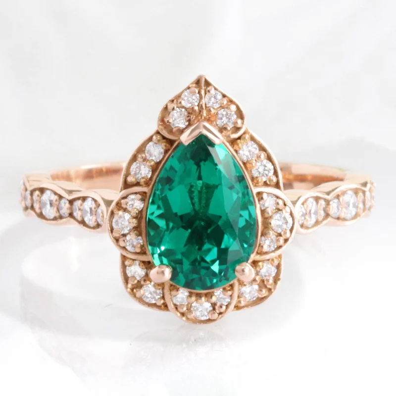 Large Pear Emerald Diamond Ring in Vintage Floral Scalloped Band