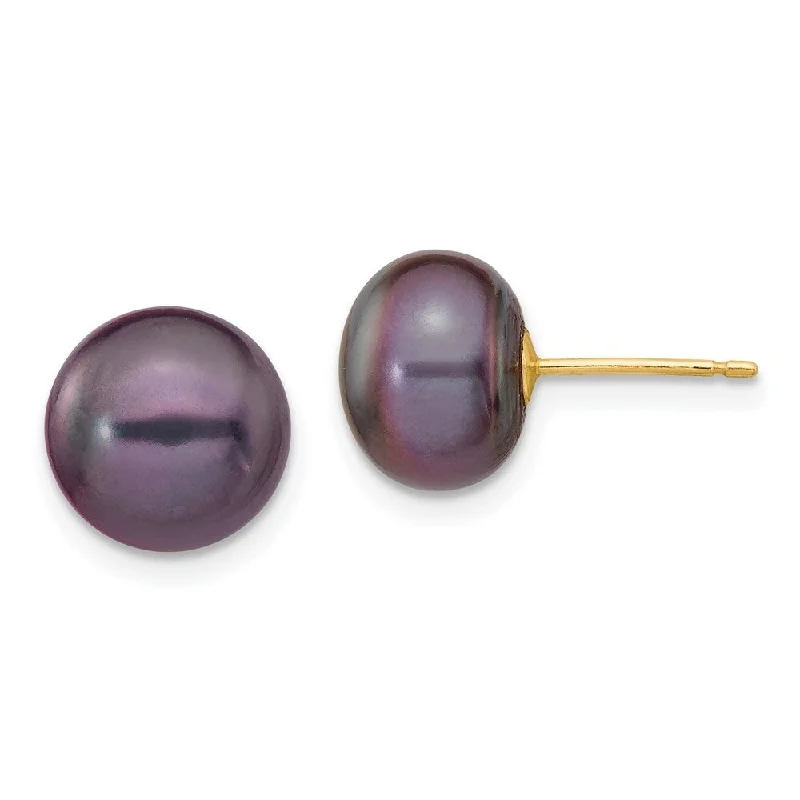 14k Yellow Gold Black Button Cultured Pearl Stud Earrings (L-9 mm, W-10 mm)