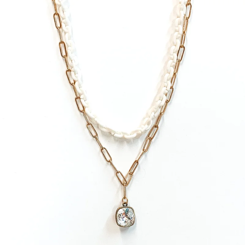 Pink Panache | Two Strand Chain Necklace with Clear Cushion Cut Crystal Drop in Gold and White