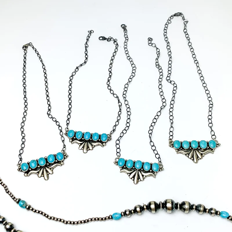 E Richards | Navajo Handmade Sterling Silver Chain Necklace with Silverwork and 5 Turquoise Stones