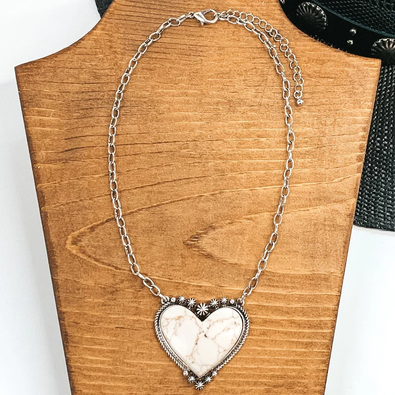 Silver Chain Necklace with Stone Heart Pendant in Ivory