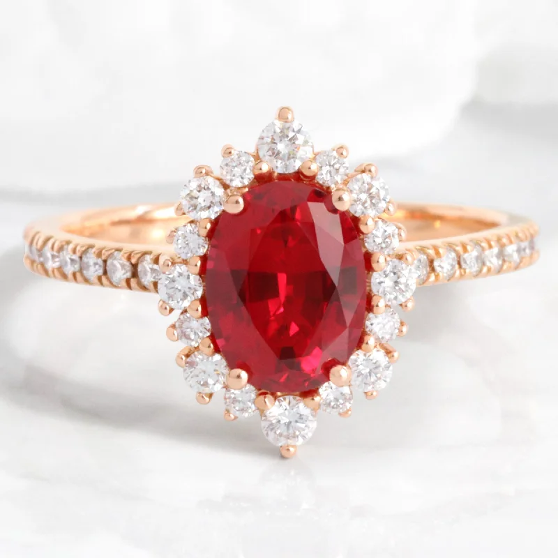 Oval Ruby Engagement Ring in Tiara Halo Diamond Pave Band