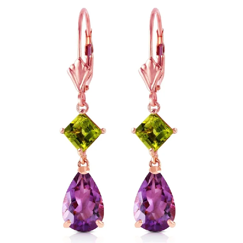 4.5 Carat 14K Solid Rose Gold Leverback Earrings Amethyst Peridot