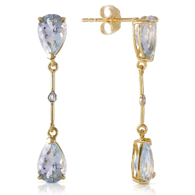 14K Solid Gold Diamonds & Aquamarines Dangling Earrings