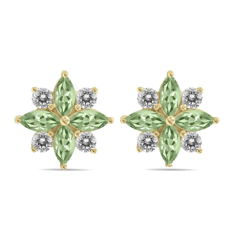 Marquee 1 Carat TW Green Amethyst and Diamond Flower Earrings in 10K Yellow Gold