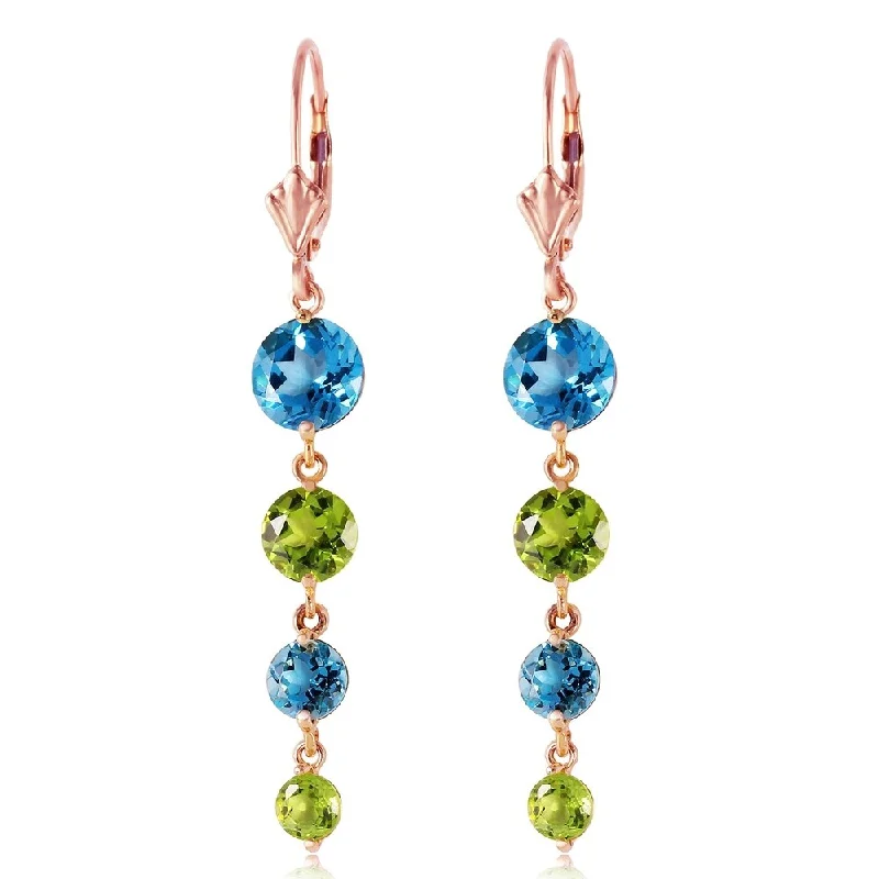 14K Solid Rose Gold Chandelier Earrings with Blue Topaz & Peridot