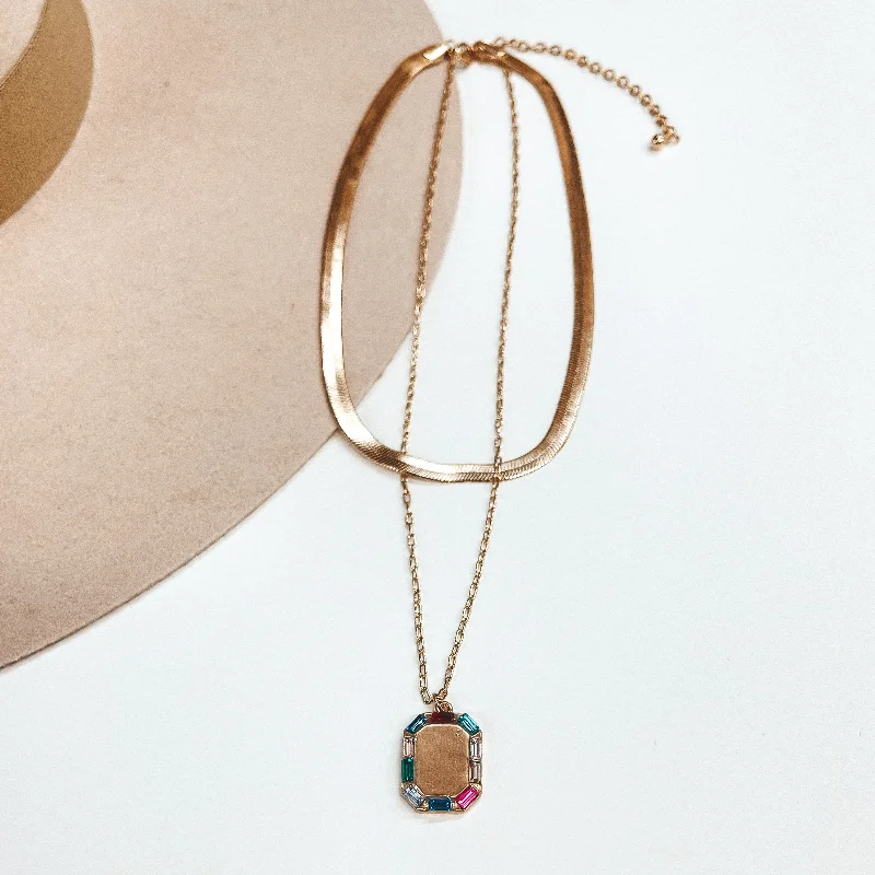 Made For Royalty Herringbone Chain and Gold Tone Necklace with Rectangular Pendant in Multicolor