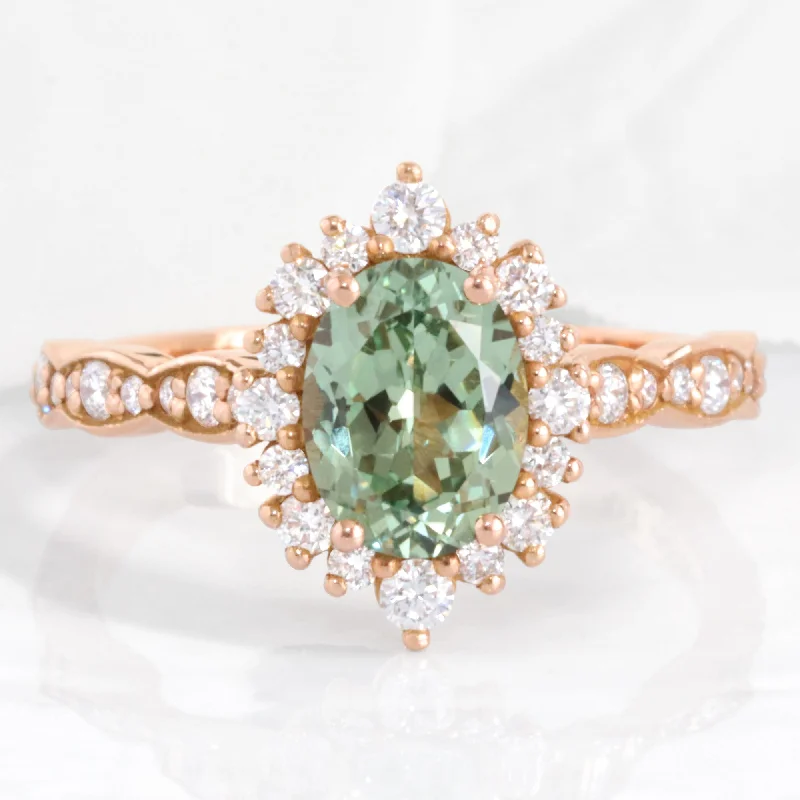 Oval Green Sapphire Engagement Ring in Tiara Halo Diamond Scalloped Band