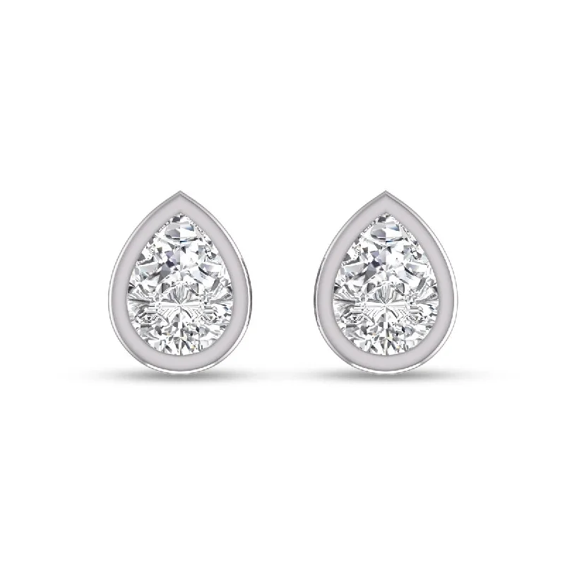 Marquee Lab Grown 1 Carat Pear Shaped Bezel Set Solitaire Diamond Earrings in 14K White Gold