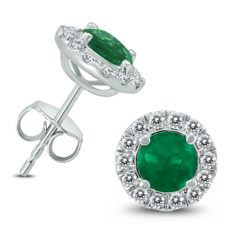 Marquee Genuine 1 3/4 Carat TW Natural Emerald And Real Diamond Halo Earrings in 14K White Gold