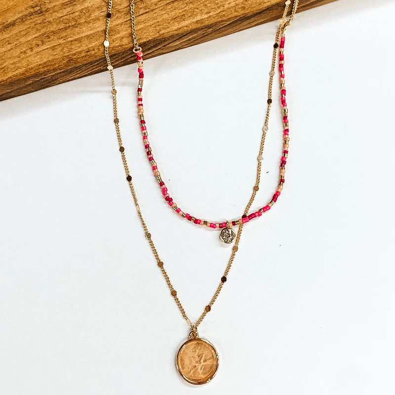 Thank Me Later Double Layered Gold Necklace with Pink Beads and Rose Quarts Pendant