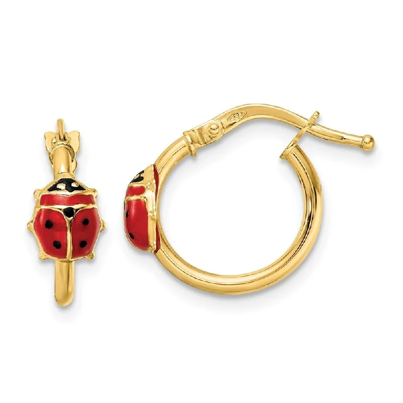 Diamond2Deal 14k Yellow Gold Polished Enameled Ladybug Post Hoop Earrings (L-15mm, W-14.5mm)