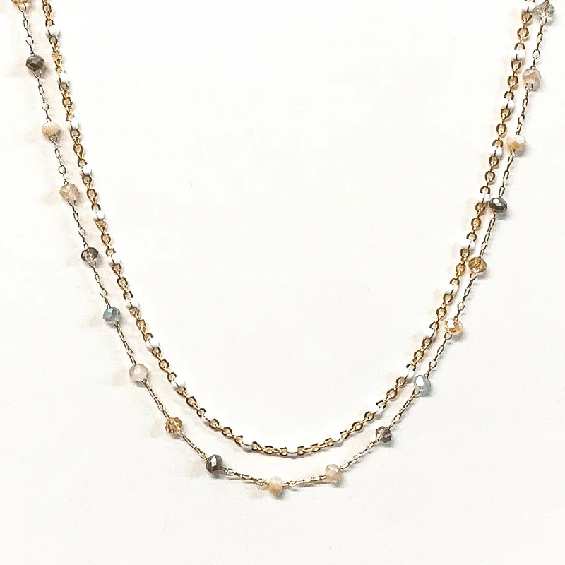 Two Strand Gold Chain Necklace with Bead Spacers in Nude Multi