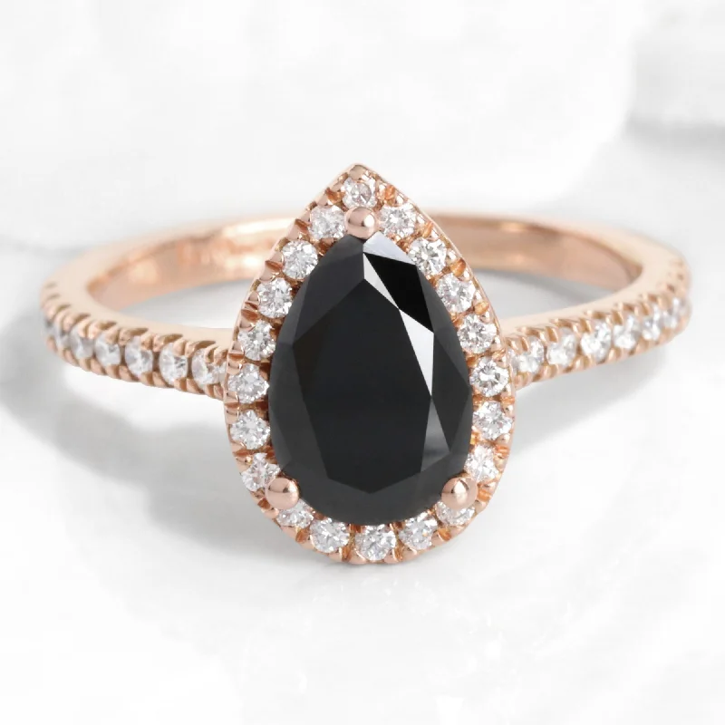 Pear Black Diamond Ring in Luna Halo Pave Diamond Band