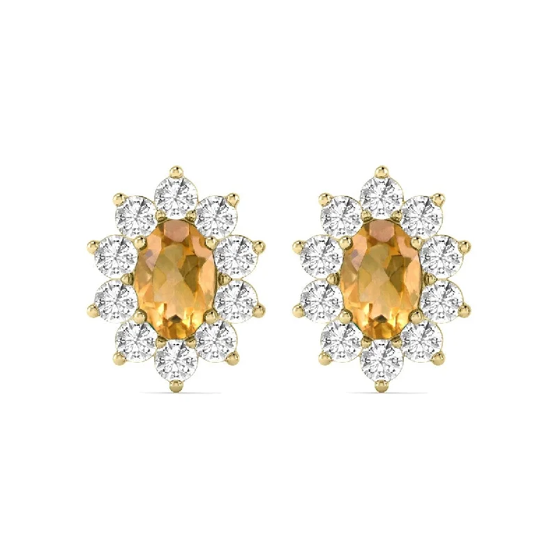 Marquee Oval Shape Citrine and Diamond Flower Earrings in 14K Yellow Gold